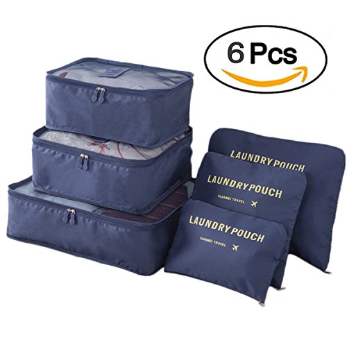 Luggage Pack Organizers Mesh Travel Compression Pouches Packing Cubes Clothing Sorting Packages Suitcase Accessories 6 Set-Dark Blue