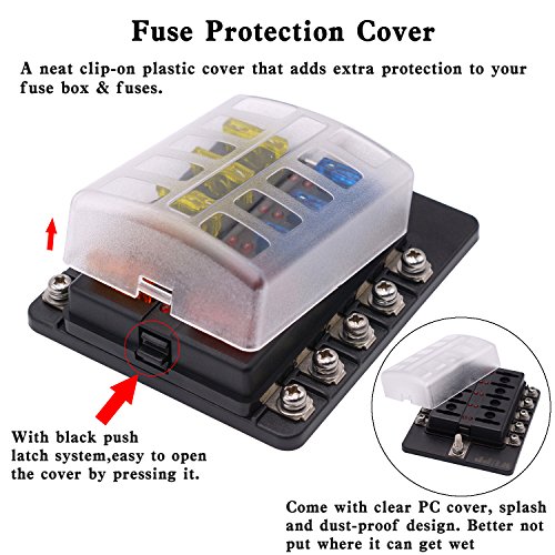 10-Way Fuse Box, 12 Volt Fuse Block with LED Warning Indicator Damp-Proof Cover Automotive Fuse Block for Car Boat Marine RV Truck
