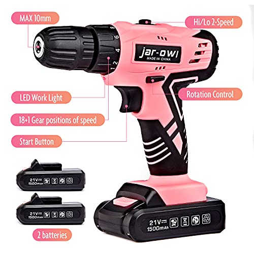 jar-owl 21V Pink Tool Set with Drill, Cordless Drill/Driver Set with 3/8 Inch Keyless Chuck,1.5AH 2PCS Battery and Charger for Home Tool Kit