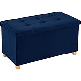 30 Inches Folding Storage Ottoman Bench, Velvet Storage Chest, Footrest Couch with Wooden Legs, Support 350lbs for Bedroom, Living Room, Hallway, Navy Blue