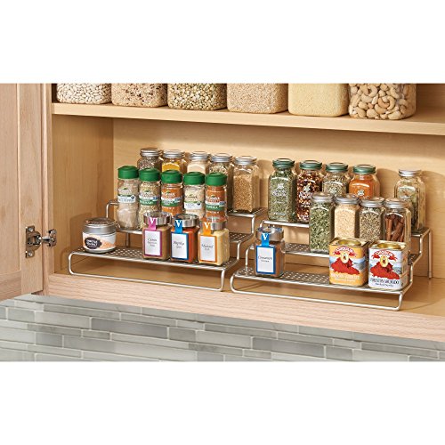 mDesign Adjustable, Expandable Kitchen Cabinet, Pantry, Shelf Organizer/Spice Rack - 3 Level Storage - Up to 25" Wide, Pack of 2, Silver Finish