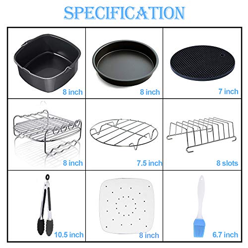 Square Air Fryer Accessories 11 pcs with Recipe Cookbook Compatible for Philips Air Fryer, COSORI and other Square AirFryers and Oven, Deluxe Deep Fryer Accessories Set of 12-8 inch
