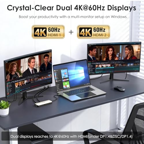 Station d'accueil USB-C 10 en 1 WAVLINK Double HDMI 4K@60 Hz, ports USB-A/C 3.0, lecteur SD/TF, entrée PD 100 W, Ethernet Gigabit et port audio Compat Dell, HP, Lenovo