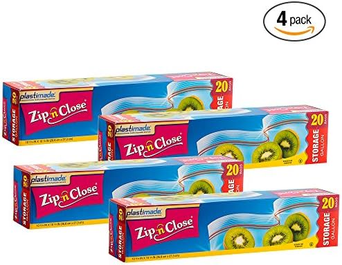 Zip'n'Close Disposable Plastic Resealable Storage Bags, 1 Gallon Size, 80 Bags, Great for Home, Office, Vacation, Traveling, Sandwich, Fruits, Nuts, Cookies, Or Any Storage Needs (4 Packs)