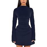 GOBLES Women's Elegant Fall Sleeve Mock Neck Slim fit Ruched A-line Mini Party Dress