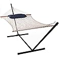 Lazy Daze Hammocks Double Rope Hammock with Stand Include, 12 Feet Traditional Cotton Rope with Pillow for Outside, Backyard, Patio, Garden, Blue Pillow