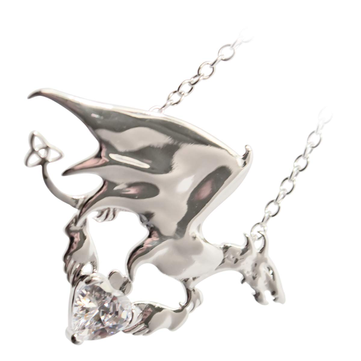 GWG Jewellery 18K White Gold Coated Dragon with Diamond Clear Stone Heart and Celtic Trinity Knot Unusual Pendant Necklace in Gift Box for Women