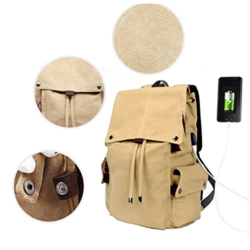 MiCoolker Canvas Casual Computer Laptop Backpack fits 17 inch Laptop and Notebook Unisex Schoolbag College Student Daypack with USB Charging Port Khaki