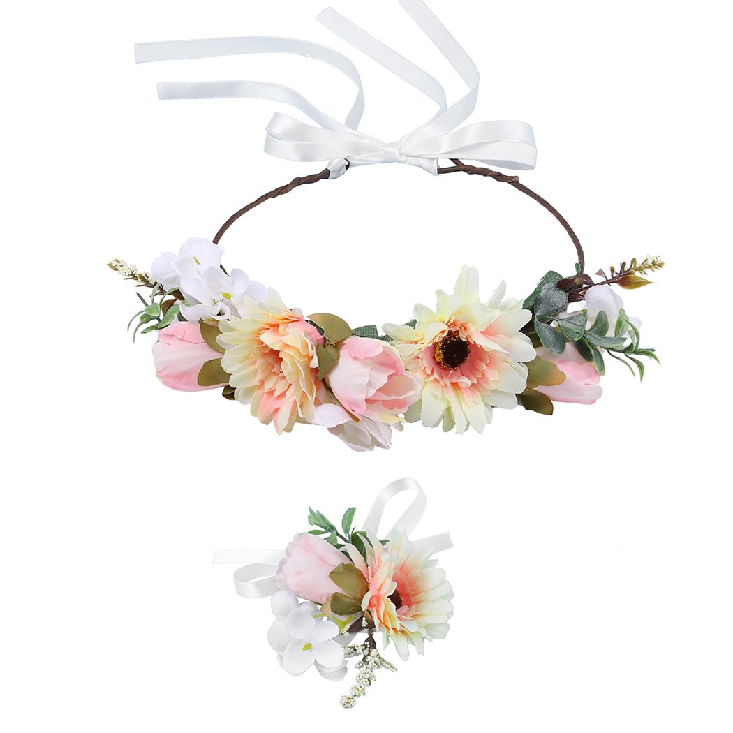 IYOU Floral Crown Headband Wristbands Champagne Daisy Flower Halo Headpiece Bridal Wedding Hair Accessories for Women and Girls