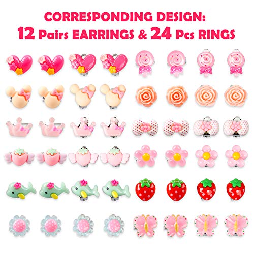 WATINC 62Pcs Candy Princess Jewelry Beaded Necklace Beads Bracelet Macaron Ice-Cream Color Chunky Bubblegum Toy Ring Crystal Earring Pastel Flower Pretend Play Dress Up Accessories for Little Girls