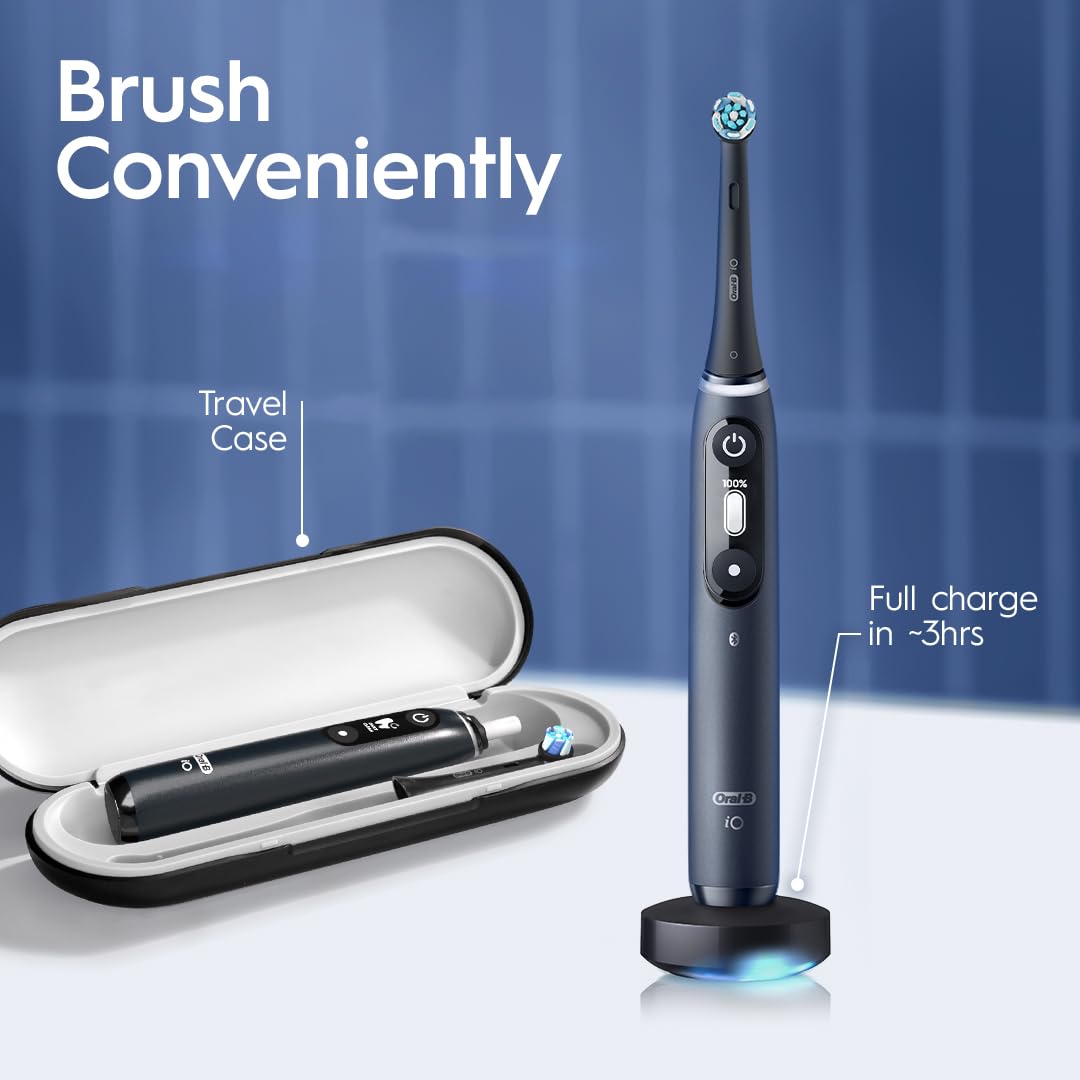 Oral-B iO Series 7G Rechargeable Electric Toothbrush with Visible Pressure Sensor to Protect Gums, 2 Min Timer, 5 Cleaning Settings, 2 Replacement Toothbrush Heads, and Travel Case, Blue