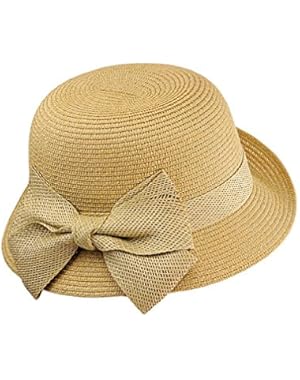Spring Summer Side Flip Cloche Bucket Hat w/ Woven Bow Accent