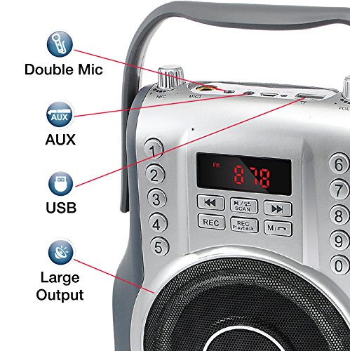 KORAMZI-Karaoke-Portable-Boombox-with-Bluetooth-Audio-Streaming-Rechargeable-battery-FM-Radio-AUX-In-35-mm-Audio-Jack-Bluetooth-Electric-Guitar-audio-input-MIC-jack-KS-200SI-Silver