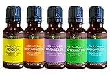 Sky Organics Top 5 Essential Oil Set Pure, Therapeutic Grade and Organic 1oz (30ml) Each of Lavender, Peppermint, Orange, Lemon and Eucalyptus for Aromatherapy and Diffusers- Made in USA