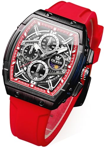 OLEVS Watch Men Casual Luxury Square Large Face Skeleton Multifunctional Chronograph Men's Watches Fashion Silicone Waterproof Mens Watches with Date Moon Phase Analog Wrist Watch Reloj para Hombre