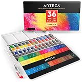 ARTEZA Watercolor Paint, Set of 36 Assorted Vibrant Colors in Half Pans (in Tin Box) with Water Brush Pen for Artists, Art Painting, Ideal for Watercolor Techniques