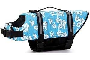 ChezAbbey Dog Life Jacket Adjustable Dog Lifevest Swimsuit Safety Vest Apparel Lifesaver Coat for Small Large Cats Puppy with Handle Reflective for Swimming and Boating Blue Flower XXS