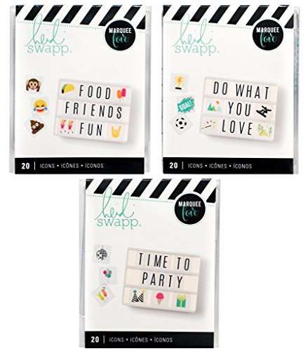 Heidi Swapp - Lightbox Inserts - Icons - Emojis 2, Party & Hobbies - 3 Item Set - 60 Inserts