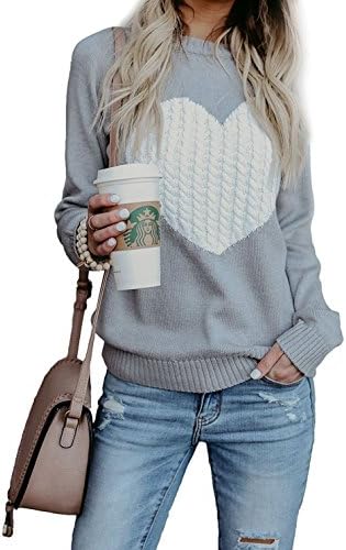 Womens Casual Cable Knitted Crewneck Heart Love Pullover Sweater (Grey, L)