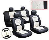 13 Piece Luxury Diamond Stitch Pattern Leatherette Toyota Black and White Seat Cover Set - 2 Front Seats, Rear Bench, Steering Wheel Cover, Seat Belt Pads