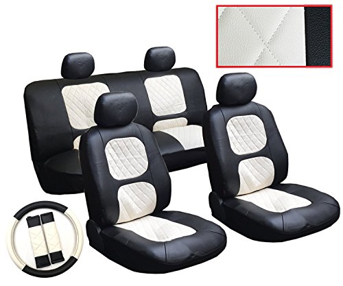 13 Piece Luxury Diamond Stitch Pattern Leatherette Jaguar Black and White Seat Cover Set - 2 Front Seats, Rear Bench, Steering Wheel Cover, Seat Belt Pads