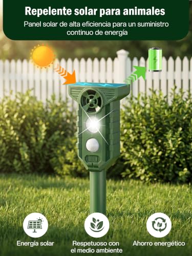 Espantapajaros Exterior Ahuyentador de Pajaros : Repelente Gatos Solar Ultrasonidos con Luz LED Flash IP65 Impermeable- Auyentadores de Palomas Potente para Jardín de Patio Césped Amplio Alcance Verde