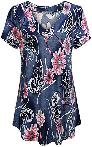 Women's V Neck Short Sleeve Floral Print Blouse Tops Fashion Casual Tunic Shirts