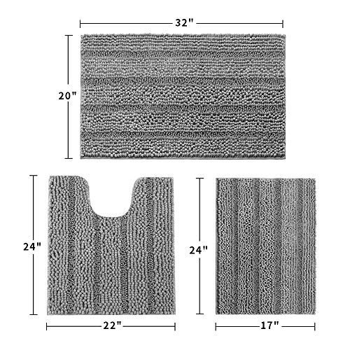 IM Home Striped Light Gray Bathroom Rug Set 3 Pieces, Non Slip Chenille