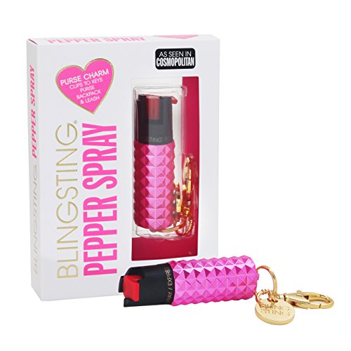 BLINGSTING Cute and Quick Access Self Defense Police Strength Studded Pepper Spray Keychain with UV Marking Dye, Personal Protection for Women, Pink
