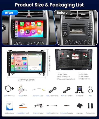 8 Core 4G+64G DAB+ Android Car Radio for Mercedes Benz A/B Class W169 W245 B200 W639 Vito Viano W906 Sprinter 9 Inch Car Radio with Wireless Carplay Android Car GPS Navi WiFi Bluetooth FM/RDS/DAB