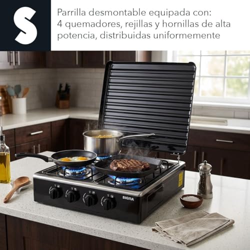 SIGNA Parrilla De Gas Con 4 Quemadores Estufa Acero Inoxidable 50 Cm Parrilla Perillas Reguladoras Quemador De Gas Resistente Con Tapa Y Mueble De Dos Niveles De Acero (Negra)