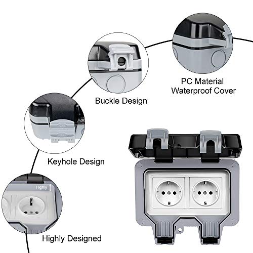 Außensteckdose Aufputz 2fach,Komake Wandsteckdose für Außenbereich, IP66 Wetterfest Staubdicht Steckdose,Outdoor… – Bild 3