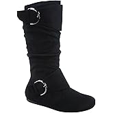 FZ-Fits Women's Closed Round Toe Buckle Side Zip Buckle Slouch Flat Heel Mid-Calf Boot