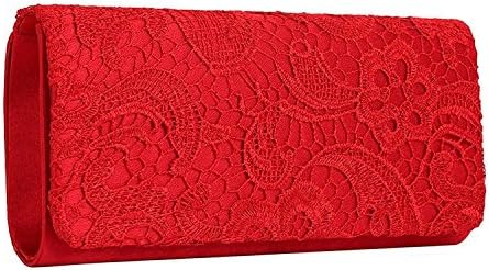 Women's Elegant Floral Lace Evening Clutch Bags Bridal Wedding Purse (Red)