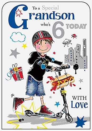 Jonny Javelin Grandson 6th Birthday Card - Boy on Scooter - Foil Finish - for Him, white|black|beige|blue, 229 x 157mm