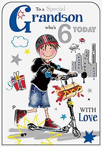 Jonny Javelin Grandson 6th Birthday Card - Boy on Scooter - Foil Finish - for Him
