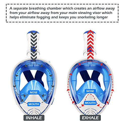 ROCONTRIP Full Face Snorkel Mask, Free Breathing 180Â° Panoramic View Diving Mask, Anti-Fog Anti-Leak and Adjustable Head Strap Snorkeling Mask for Men Women Adult (White Blue Foldable, L/XL)
