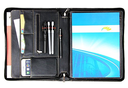 Professional Portfolio Case with Tablet Stand for Microsoft Surface Pro 3/4/New Surface, Business Organizer Document Folder with Letter Size Legal pad/Notepad Holder, Goatskin Leather (Surface, Black)