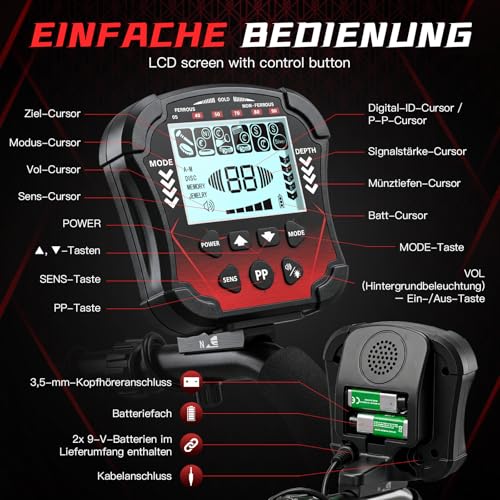 Professional Metal Detector for Adults, 6 Modes with DSP Chip Waterproof Search Coil of 10 Inches IP68, Height Adjustable 107-130 cm, LCD Display, 25 cm Depth for Adults & Children