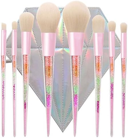 Green Beauty Mall Crystal seven color acrylic hand 8pcs Makeup Brushes Set, Professional Comestic Foundation Powder Brush with Colorful Shining Rainbow Diamond Blending Makeup Brushes with Diamond Bag
