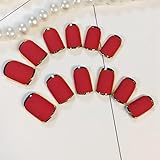 Frosted Red Press On Nails Flat Gold Outline Medium Artificial Lady False Nails Tips Decoration 24pcs/kit Z401