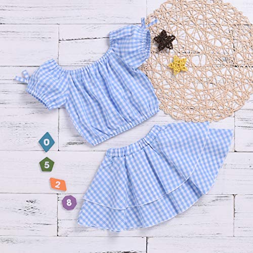 Toddler Baby Girls Outfits Blue Plaidl Off Shoulder Tube Sleeve Crop Tops +Ruffled Shorts Skirt Set Toddler Summer Clothes (Blue Plaid, 3-4 Years) - Thumbnail 3