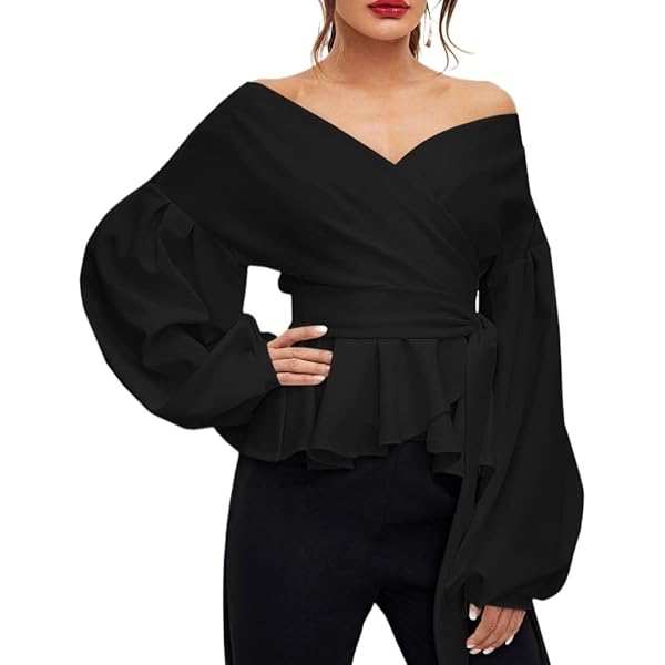OYOANGLE Women's Off Shoulder Wrap V Neck Bishop Long Sleeve
