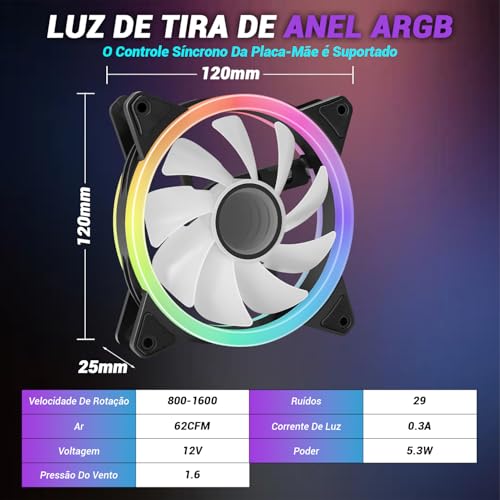 Kit 5 Ventoinhas, Fan 120Mm, Ventoinha 120Mm, Cooler Pc Rgb, Ventoinhas 120 Mm, Kit Fans, Kit Fan Argb, Ventoinha Pc 120 Mm, Fans Argb