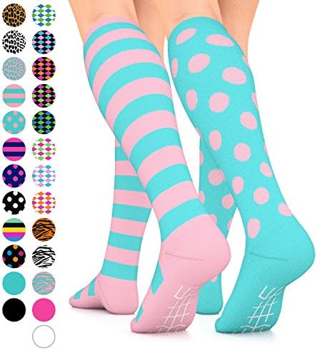 Go2 Fashion Compression Socks for Men &amp; Women 15-20 mmHg Athletic Running Socks for Nurses Travel Medical Graduated Nursing Compression Stocking Sport Sock (Pink/Turq Stripe &amp; Turq/Pink Polka, Small)