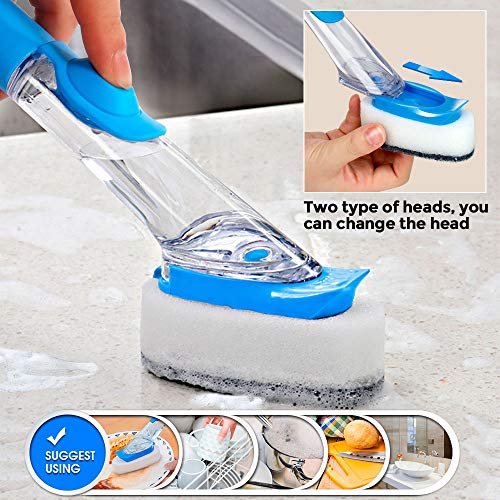 Kitchen Cleaning Brush Set Tools Dish Brush Cleaning Brush with Replacement Head (1 Bristles +3 Sponge Heads),Bottle Cleaning Brush,2 x Microfiber Cloths, for Kitchen or Bathroom Household