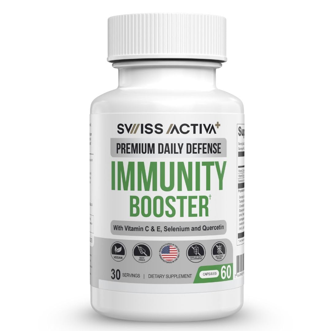 View 1 of Swiss Activa+ Immunity Booster –Daily Immune Support Supplement with Vitamin C, E, Selenium, Beta-Glucan, Reishi & Ginseng- Antioxidant -Antibiotic & Sugar Free, Non-GMO Herbal Formula- 30 Days Supply