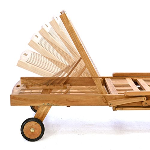 Divero Sonnenliege Holzliege Gartenliege Teak-Holz behandelt mehrfach verstellbar inkl. Räder Tablett + Liegen-Auflage 4-teilig wasserabweisend Creme – Bild 7