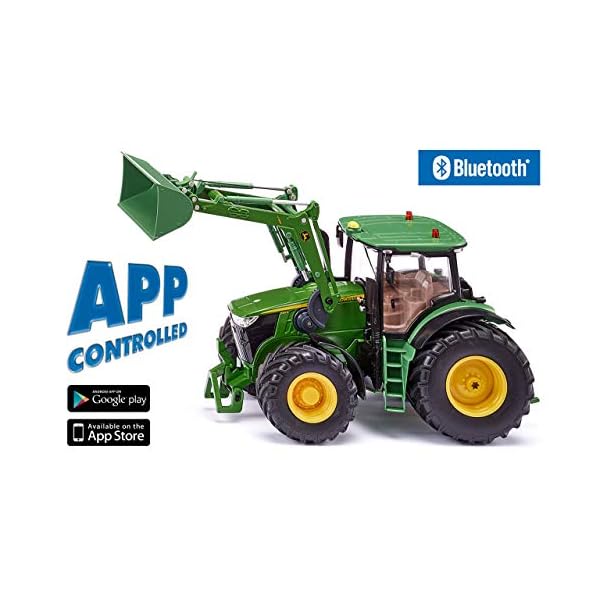 siku 6795, John Deere 7310R Traktor mit Frontlader, Grün, Metall/Kunststoff, 1:32, Ferngesteuert, Inkl. Bluetooth-Fernsteuerung und Zubehör, Steuerung via App möglich, Auf ‎Französisch – Bild 3