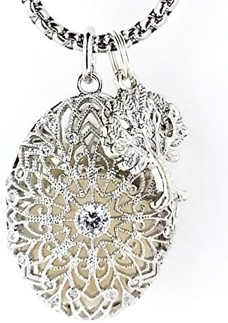 Filigree Oval Essential Oil Diffuser Necklace, Sterling Silver/Rhodium plated with "Tree of Life" charm, 24 inch chain, and 3 felt pads included.